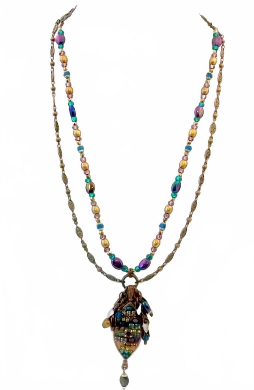 NEW MICHAL GOLAN women's double chain oval pendant necklace in deep purple multi
